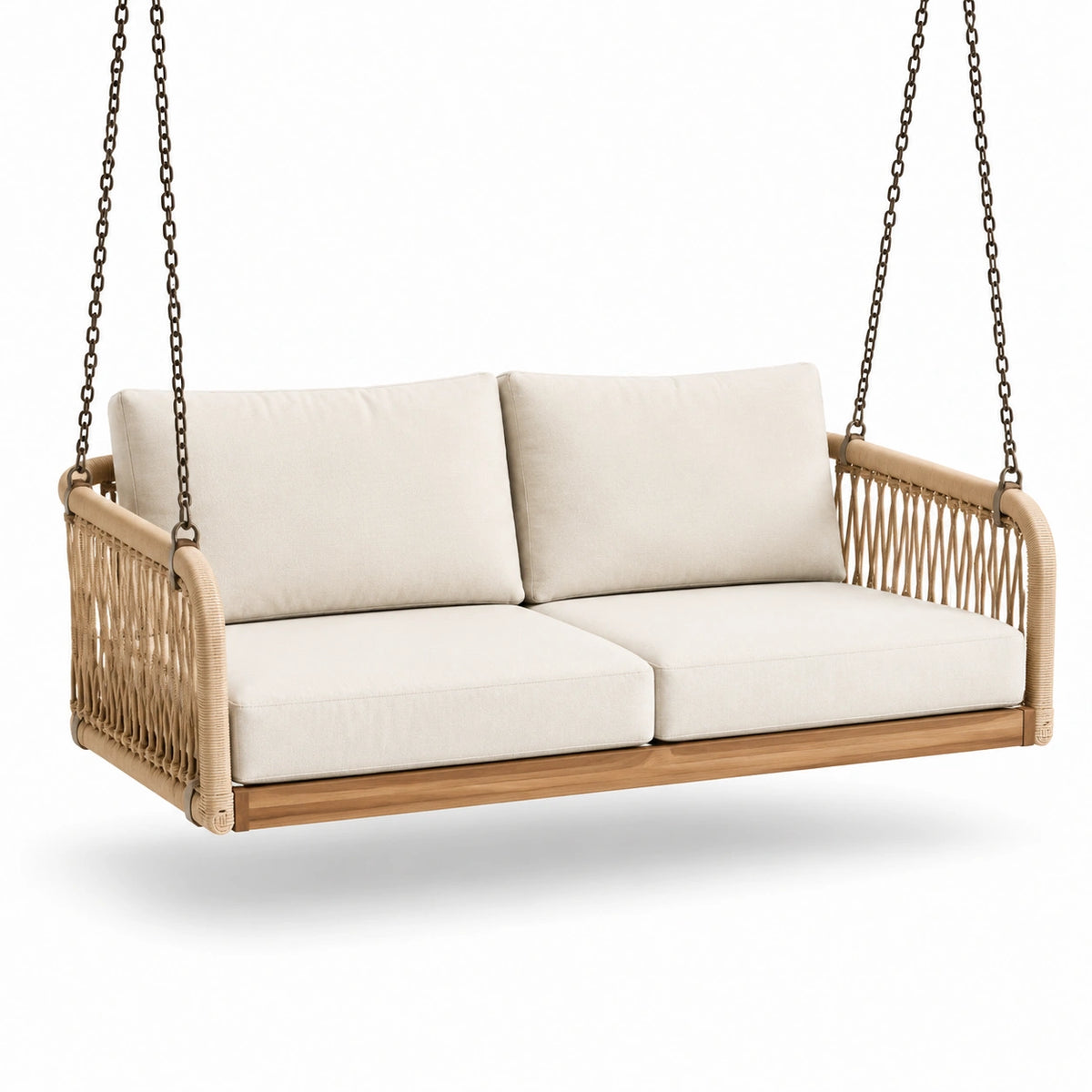 Columpio de madera y cuerda con cojines beige